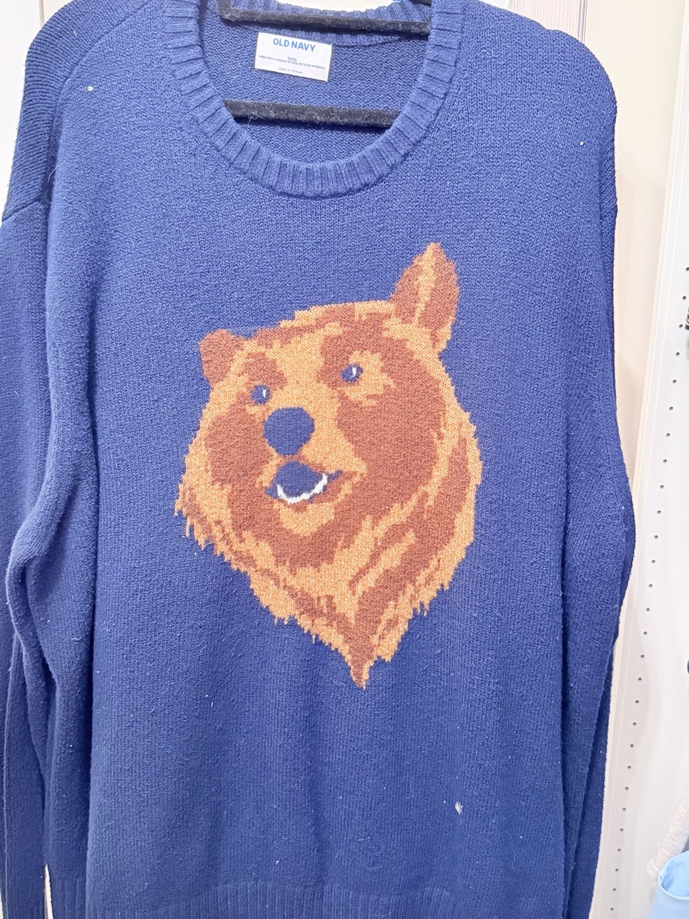 Old Navy Men’s Navy Blue Crewneck Sweater with Brown Bear Graphic